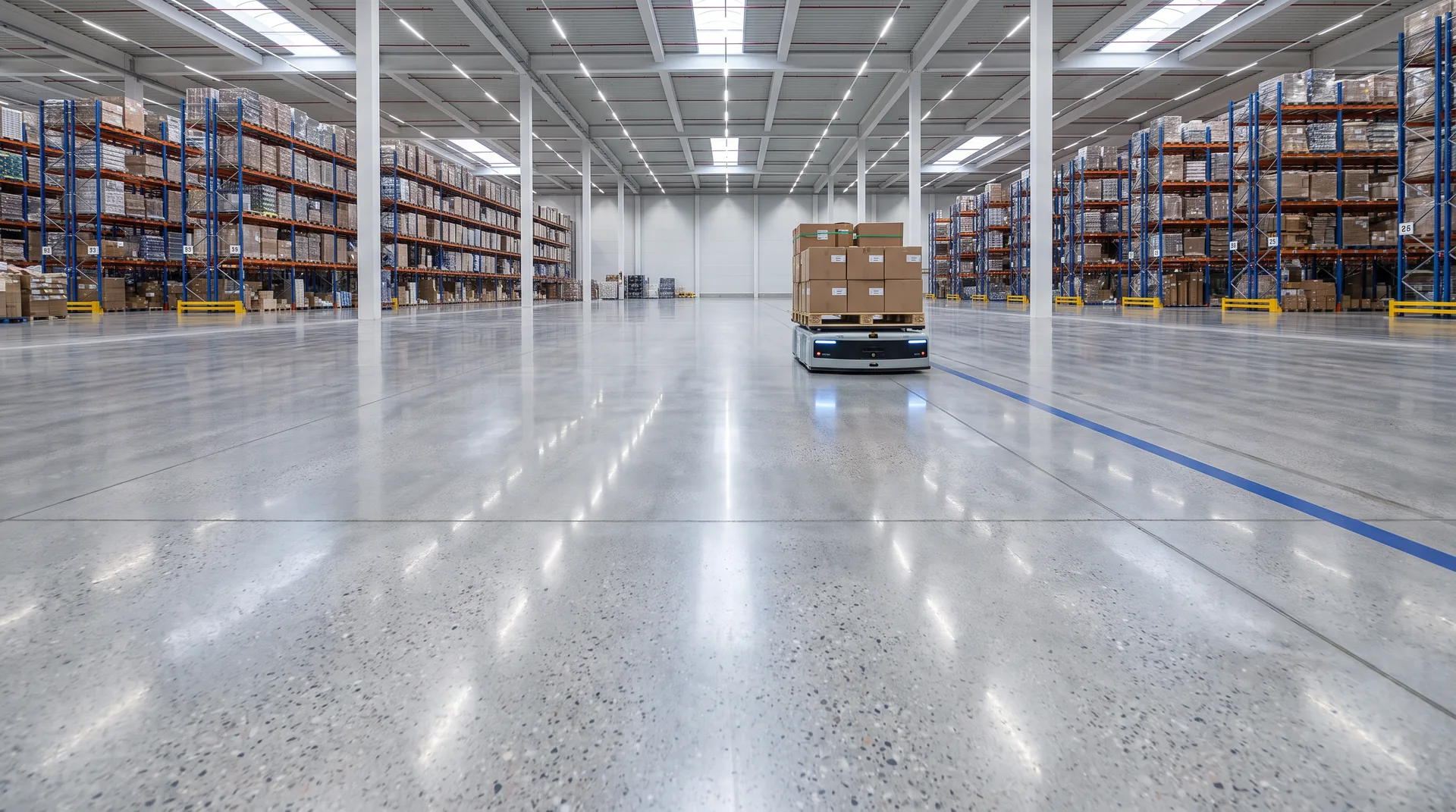 Otomasyonlu depoda süperflat parlak beton zemin üzerinde palet taşıyan AGV/AMR robotları ve LiDAR navigasyonu.