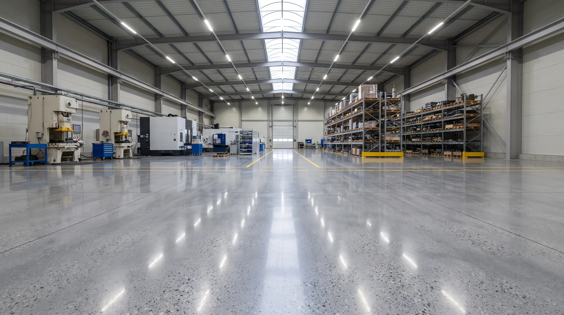 Tek sürekli parlatılmış beton zeminin farklı kullanım bölgelerini taşıdığı geniş modern üretim holü.