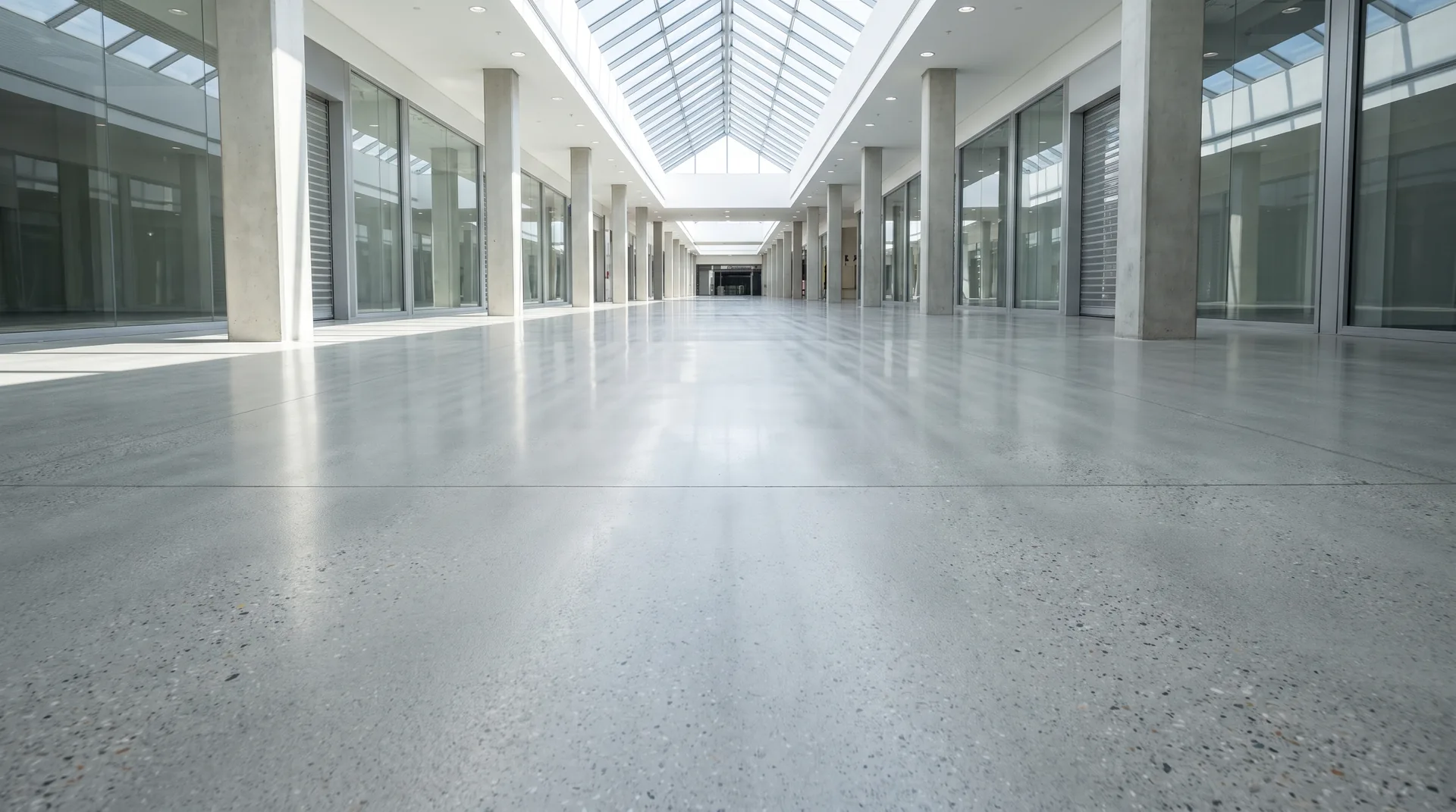 AVM atrium koridorunda kaymaz parlatılmış beton zemin; parlak görünse de DCOF 0.42 üzeri güvenli yüksek-DOI yüzey.