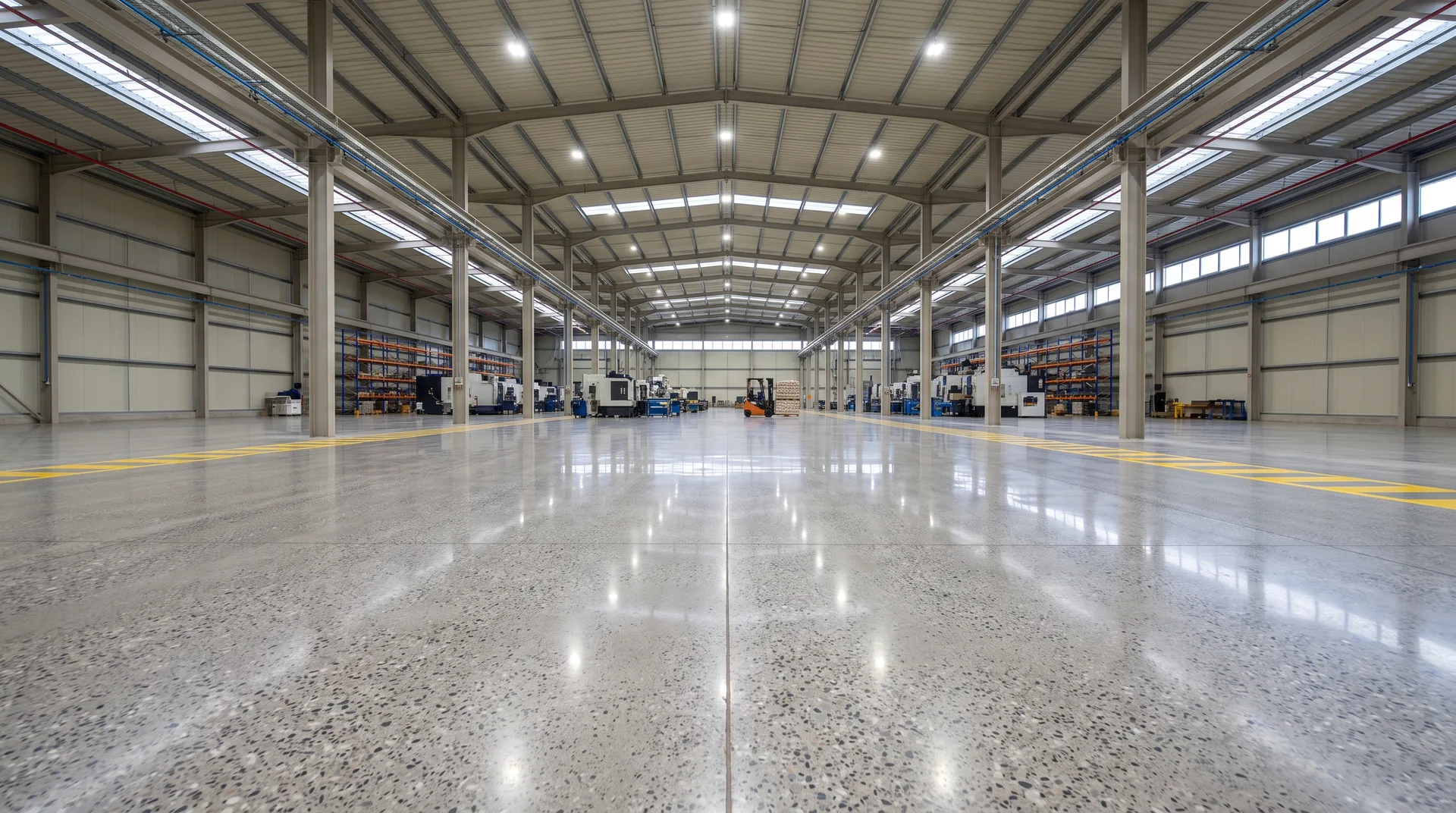 Geniş çelik portal fabrika üretim holünde uçtan uca parlatılmış beton zemin; kapsam ve alanın fiyatı belirlediğini anlatan görünüm.