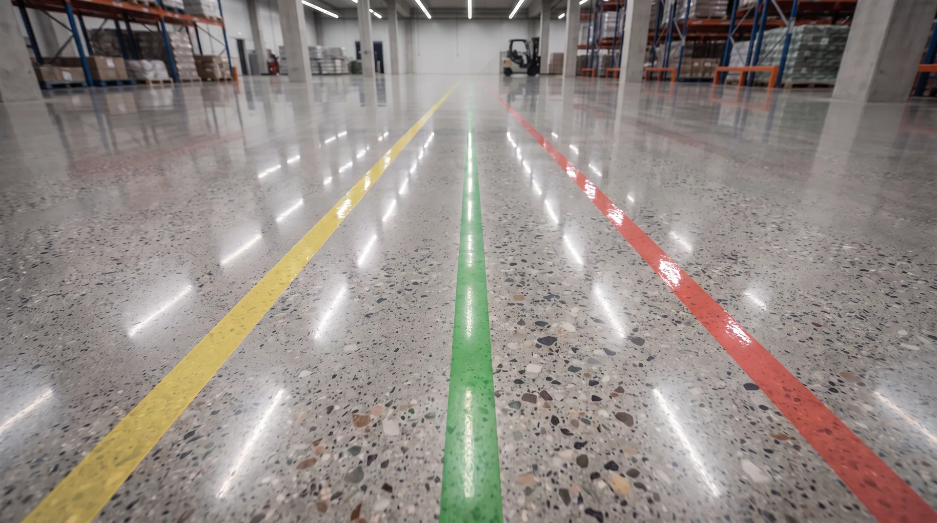 Parlak beton zeminlerde yol ve 5S güvenlik çizgilerini, yüzeye epoksi katman eklemeden betona emprenye renklerle uyguluyor, dokuyu ve parlaklığı bozmuyoruz.