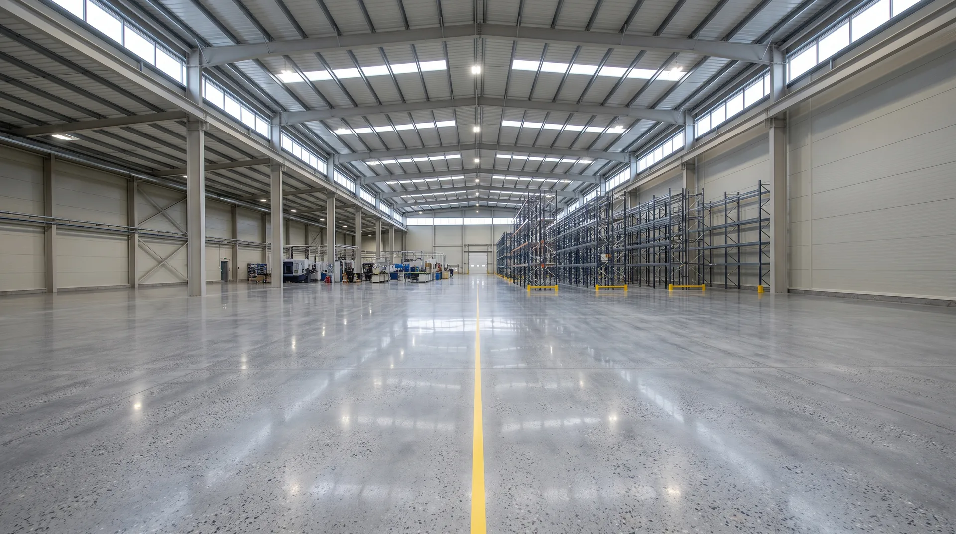 Geniş çelik portal fabrika holünde lojistik ve üretim zonlarını taşıyan tek parça elmas taşlanmış parlak beton zemin.
