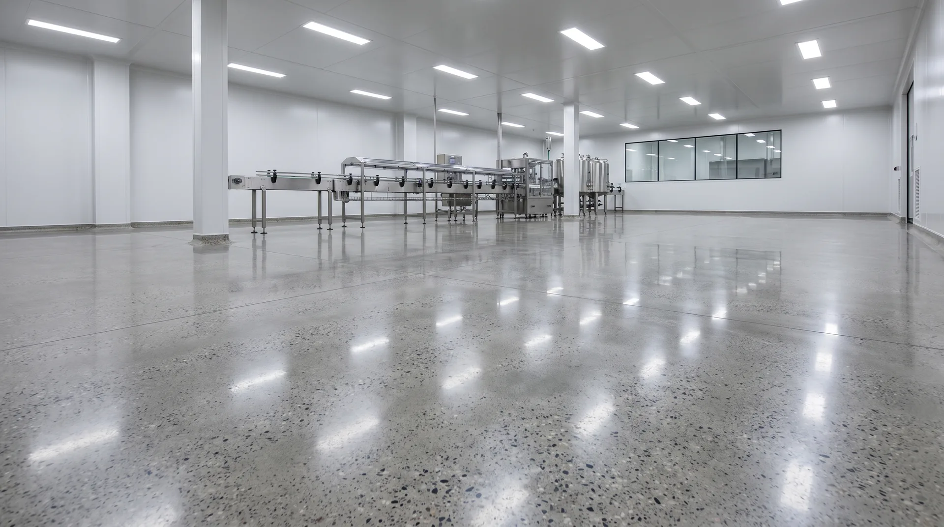 Gıda üretim ve paketleme holünde paslanmaz konveyör hattı altında kesintisiz kuru parlatılmış beton zemin.