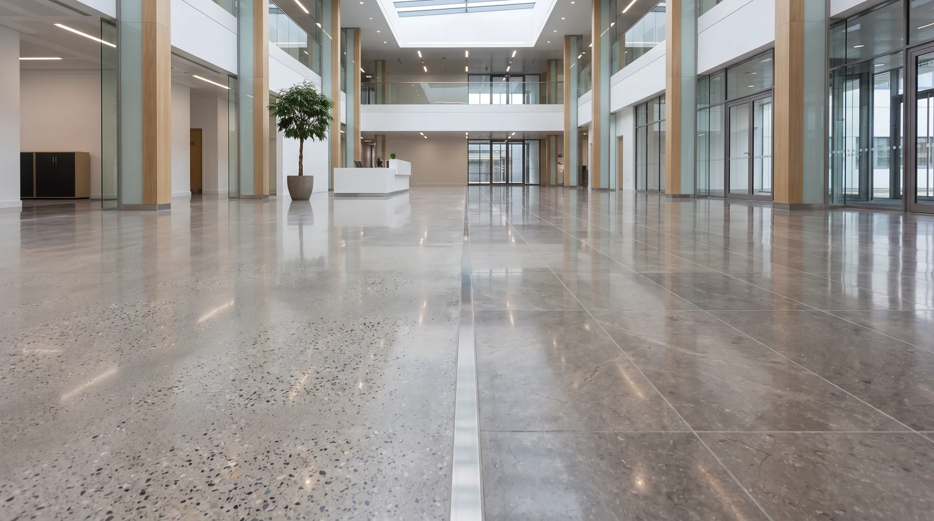 Premium lobide monolitik parlatılmış beton ile granit levha zeminin tek karede dürüst karşılaştırması.