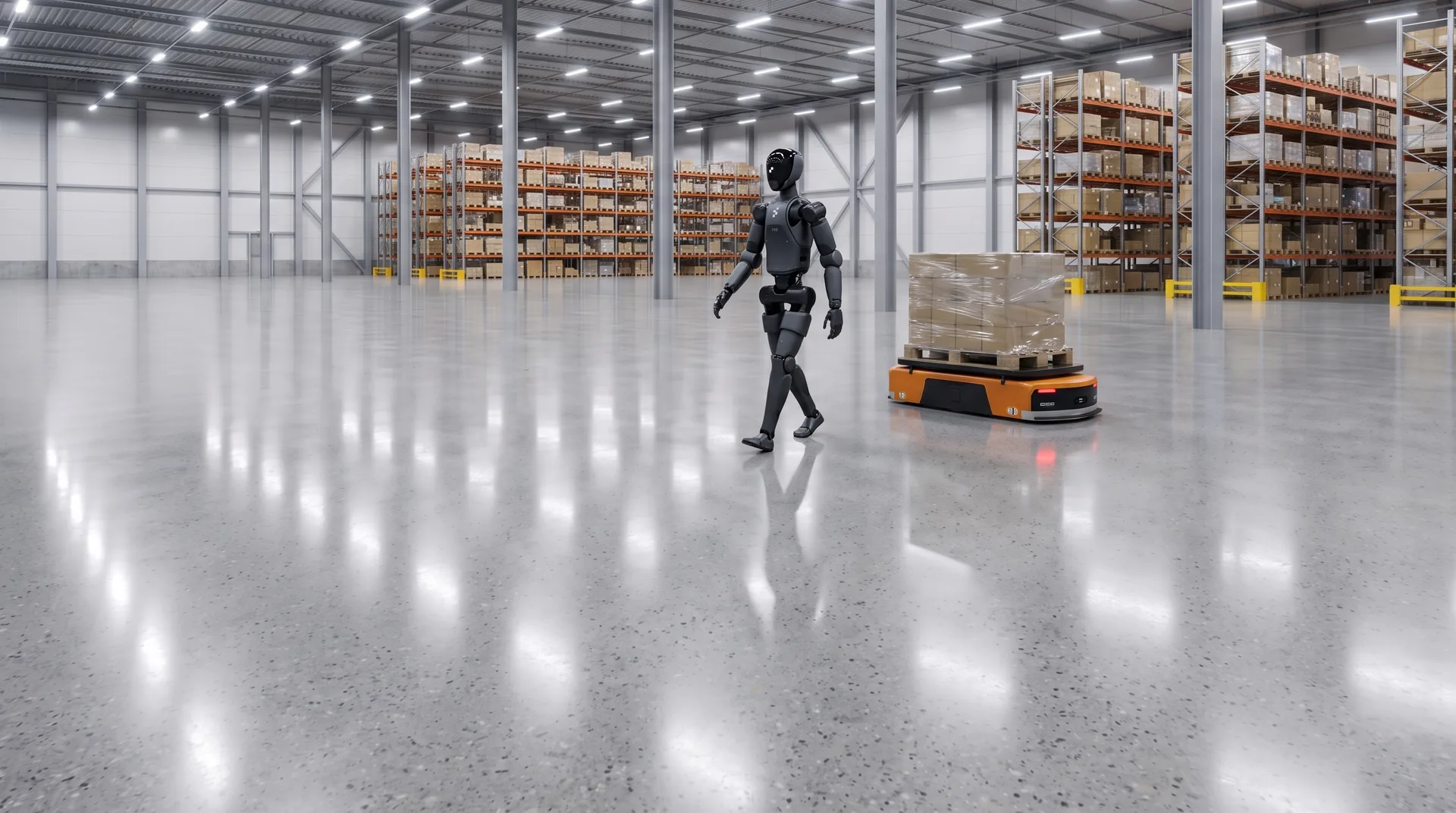 Otomatik depoda humanoid (insansı) robot ve paletli AGV; süperflat, çizgisiz, kusursuz düz parlatılmış beton zemin.