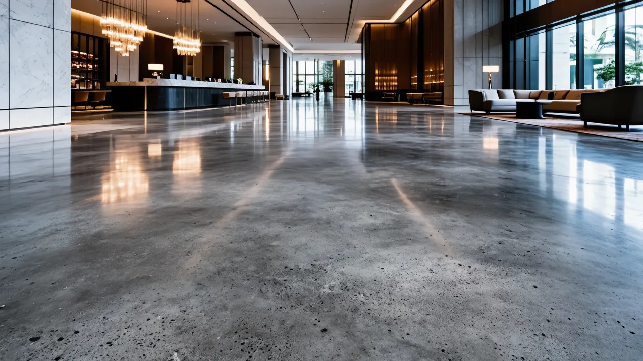 Otel lobisinde ışığı yansıtan dekoratif parlak beton zemin ve resepsiyon alanı.