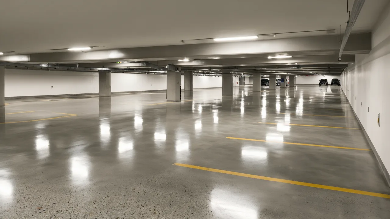 Kapalı otoparkta ışığı yansıtan parlak beton zemin ve park alanı.