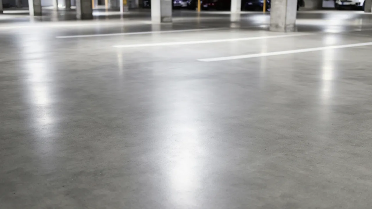 Otopark zemininde parlak beton uygulama ve işaretleme süreci videosu.