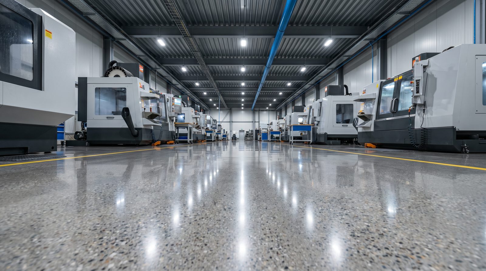 Sıra sıra CNC işleme tezgâhının bulunduğu talaşlı imalat atölyesinde parlak, yansımalı beton zemin.
