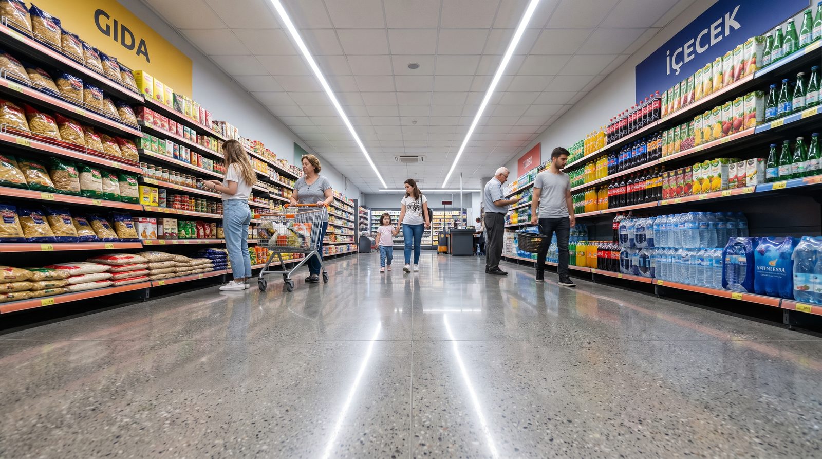 Süpermarkette raf koridorunu ve tavan LED aydınlatmasını yansıtan süper parlak parlatılmış beton satış alanı zemini.