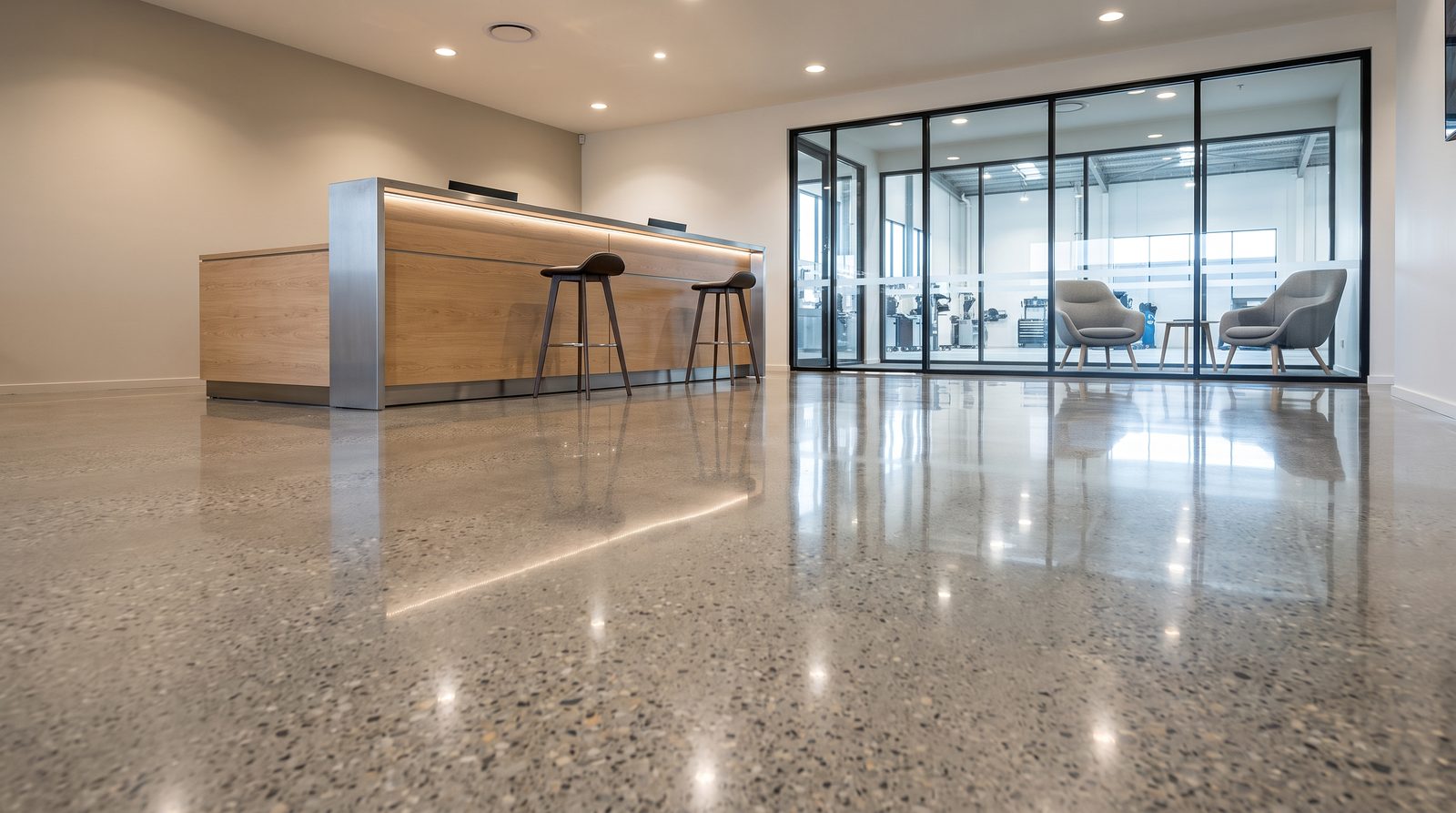 Oto servis müşteri kabul ve camlı bekleme alanında parlatılmış beton zemin; kabul bankosu ve ferah kurumsal karşılama alanı.