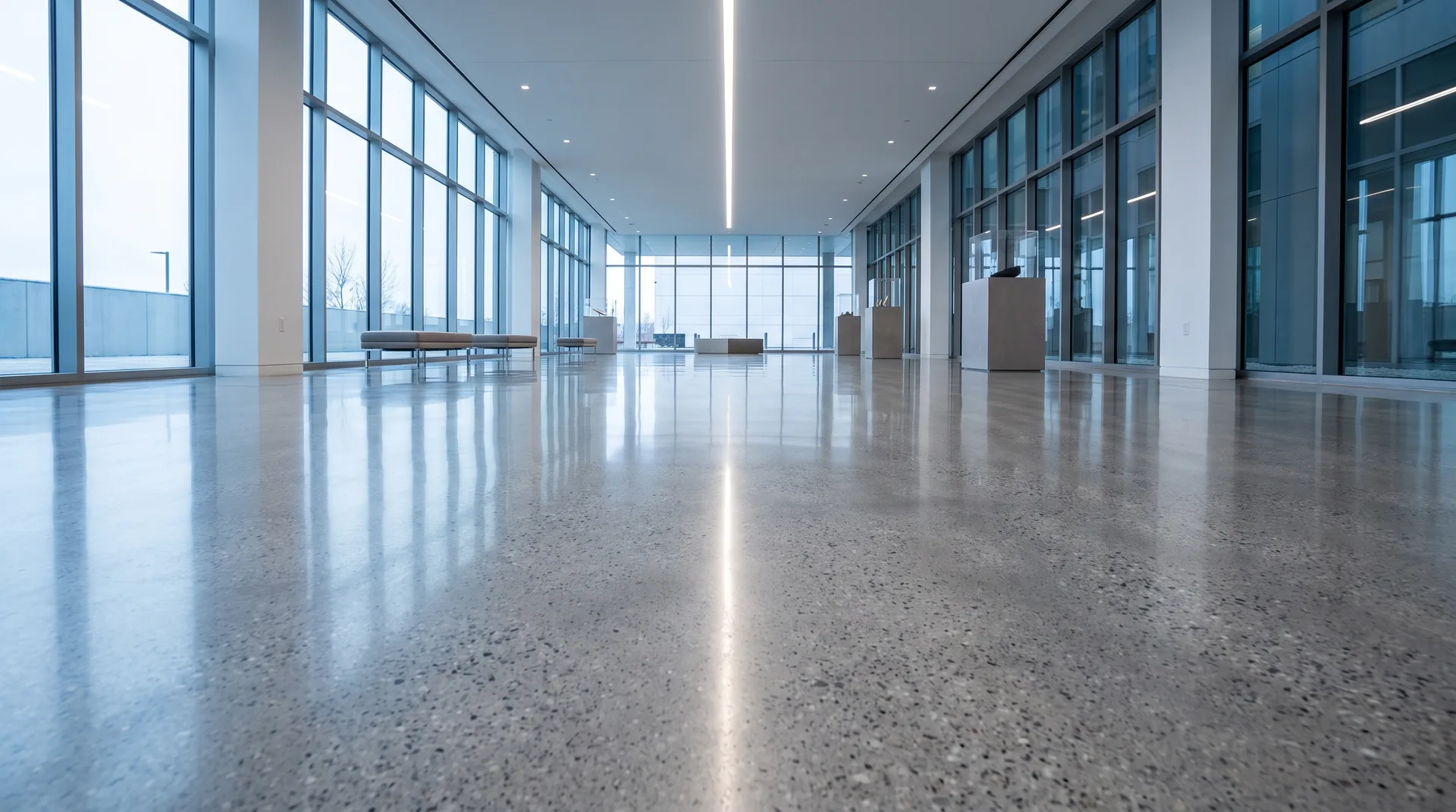 Cam cepheli showroom zemininde çizgisel armatürün keskin specular yansıması — yüksek DOI parlatılmış beton.