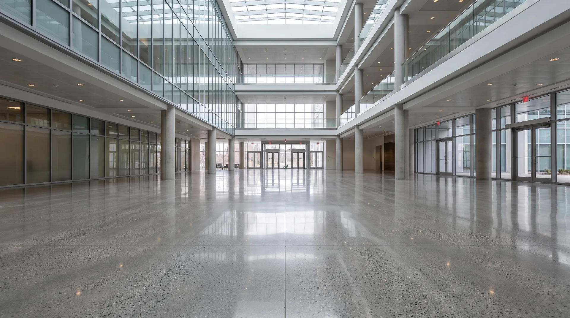 Görkemli kurumsal atrium lobisinde derzsiz sürekli parlatılmış beton zemin; granit levha sistemine kıyasla bütüncül yüzey.