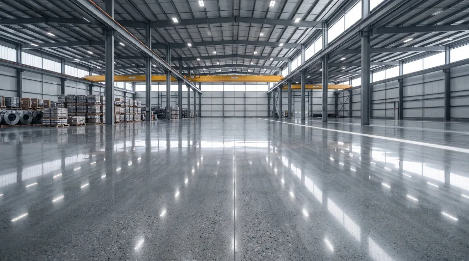 Diamond parlatılmış endüstriyel hol zemini — tavan ışıklarının ayna gibi yansıdığı kalıcı parlak beton yüzey