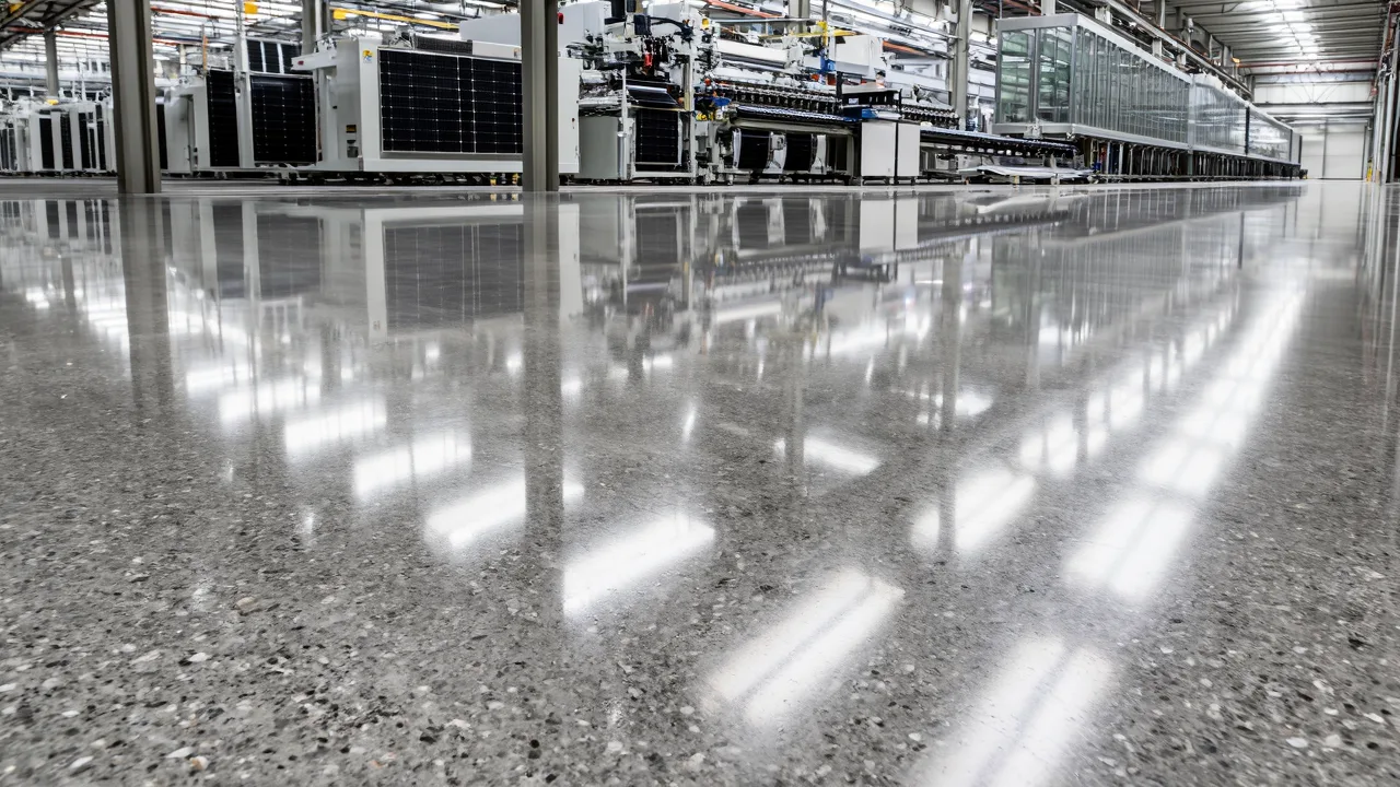 Solar panel fabrikasında modül montaj hattı ve parlak/iletken endüstriyel zemin.