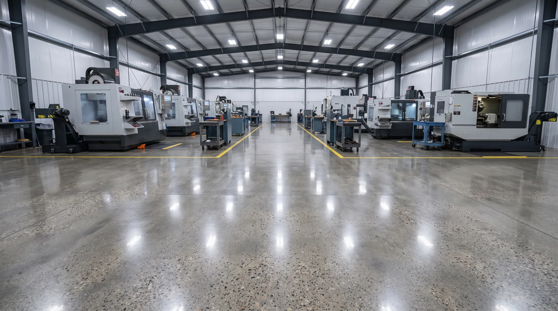 CNC talaşlı imalat atölyesinde iki yanı tezgah sıralı, parlatılmış beton merkezi servis koridoru.