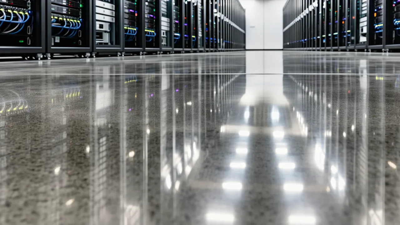 Veri merkezi server salonunda parlak beton zemin ve rack sıraları.