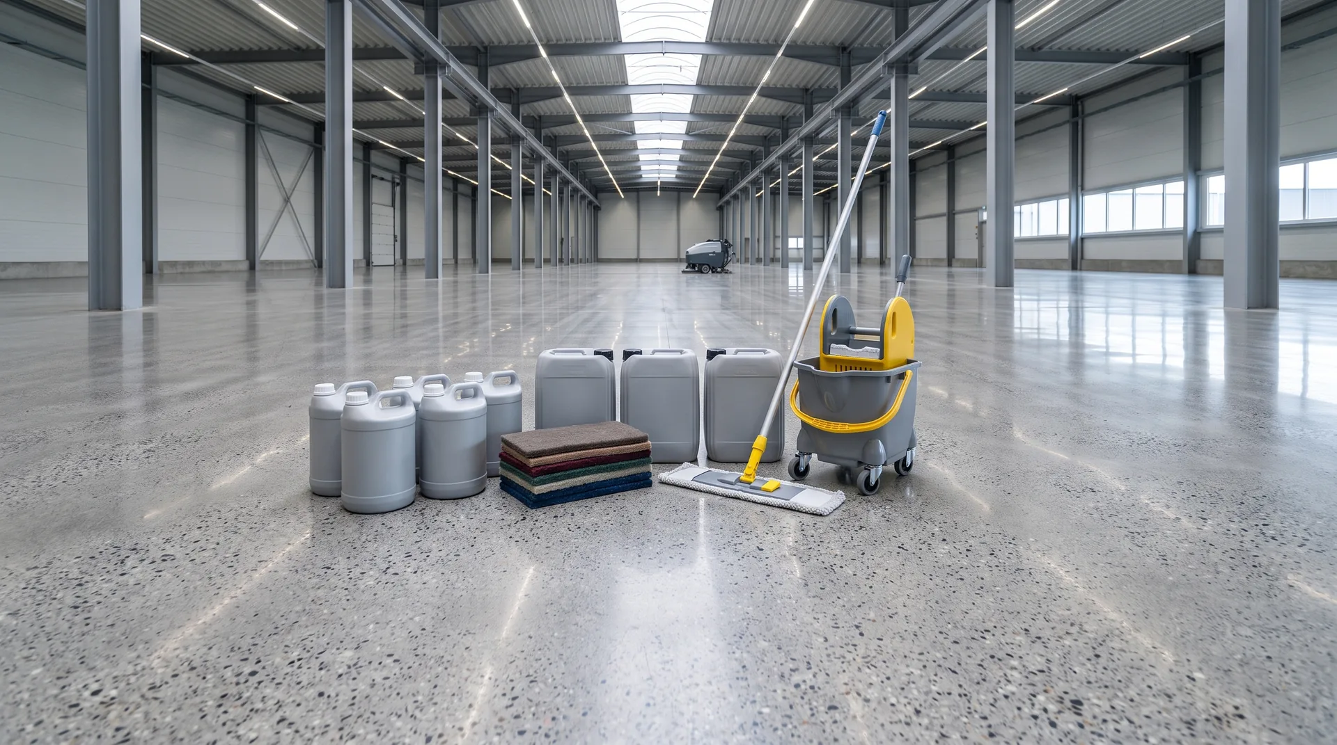 Parlak beton parlaklığını ve kaymazlığını koruyan pH-nötr temizleyiciler ile elmaslı ped, fırça ve mikrofiber sarf malzemelerinden oluşan bakım ürün grubu.