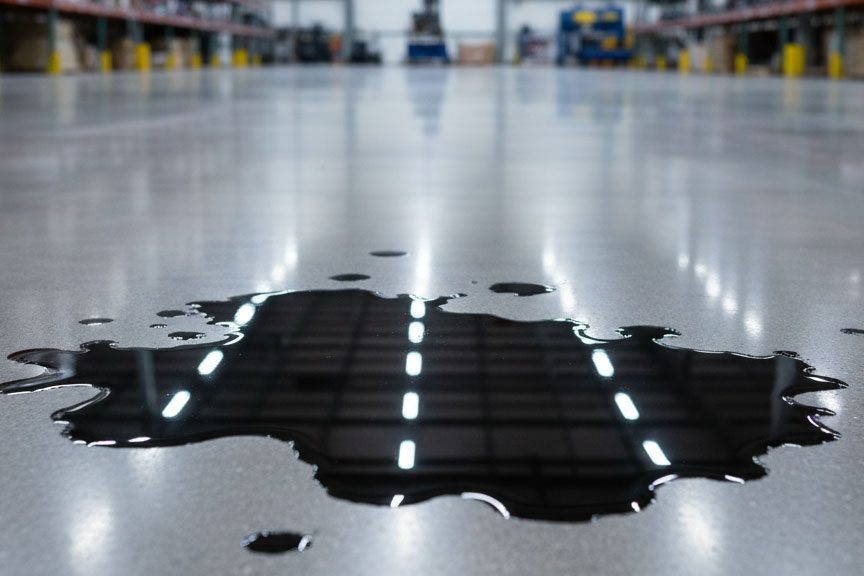 Parlak Beton uygulaması üzerine dökülmüş madeni yağ ve Beton Parlatma sıvı geçirimi yavaşlatma etkisi