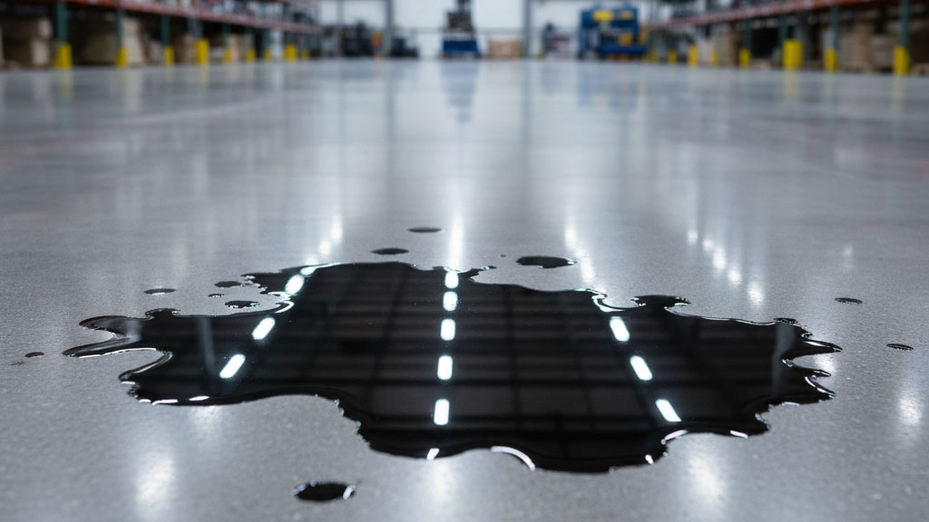 Beton Parlatma Sıvı Geçirimi Yavaşlatma Görseli Parlak Beton uygulaması üzerine dökülmüş madeni yağ ve Beton Parlatma sıvı geçirimi yavaşlatma etkisi