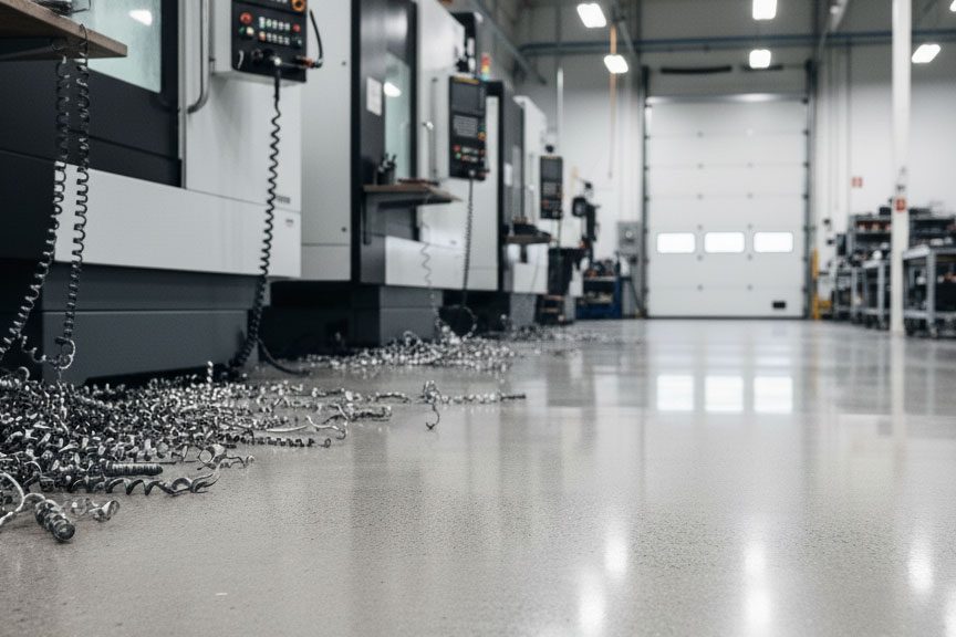 Talaşlı imalat yapılan fabrikada Parlak Beton uygulaması yapılmış zemin