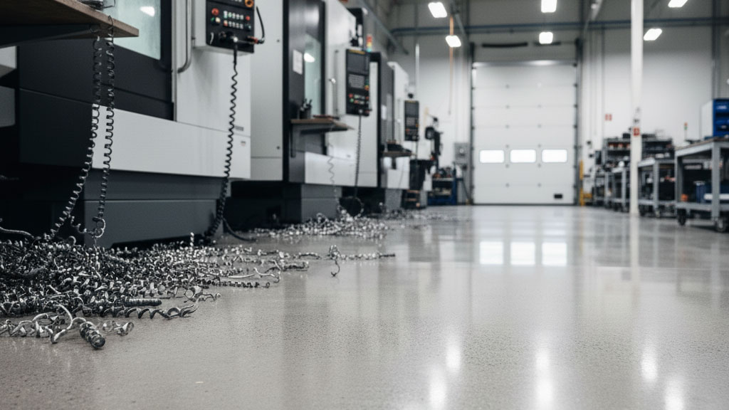 Talaşlı İmalatta Parlak Beton Uygulaması Görseli Talaşlı imalat yapılan fabrikada Parlak Beton uygulaması yapılmış zemin