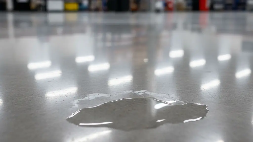 Beton Parlatma Sıvı Geçirimi Yavaşlatma Görseli Parlak Beton uygulaması yapılmış zeminde suyun geçirimini yavaşlatma etkisi gösteren görsel